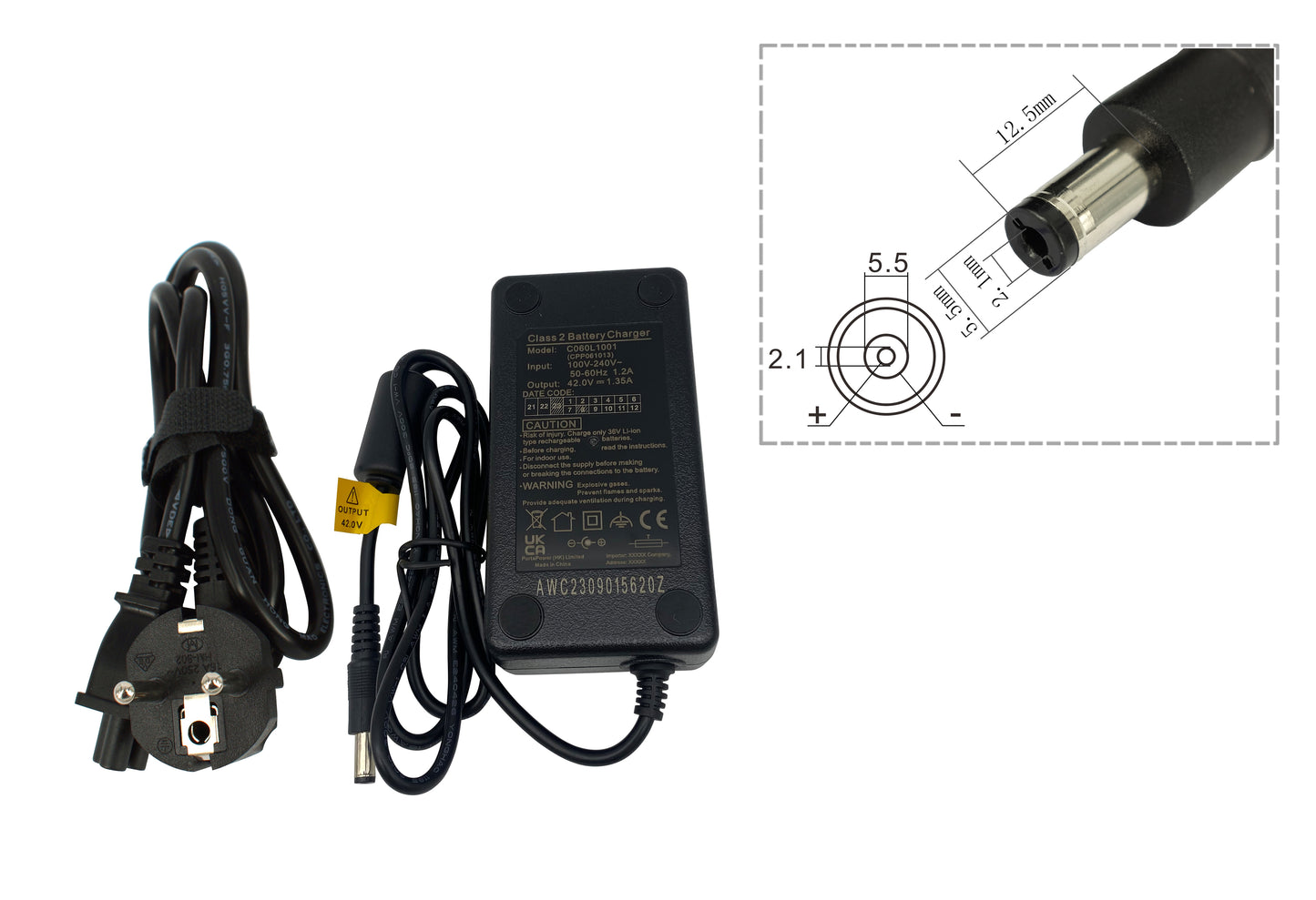 Hoogwaardige e-bike lader 36V 1.35A voor accu's van Ansmann, Kalkhoff, Montana, Union, Victoria, Prophete, LLOBE en nog veel meer (DC 5.5?á2.1mm)